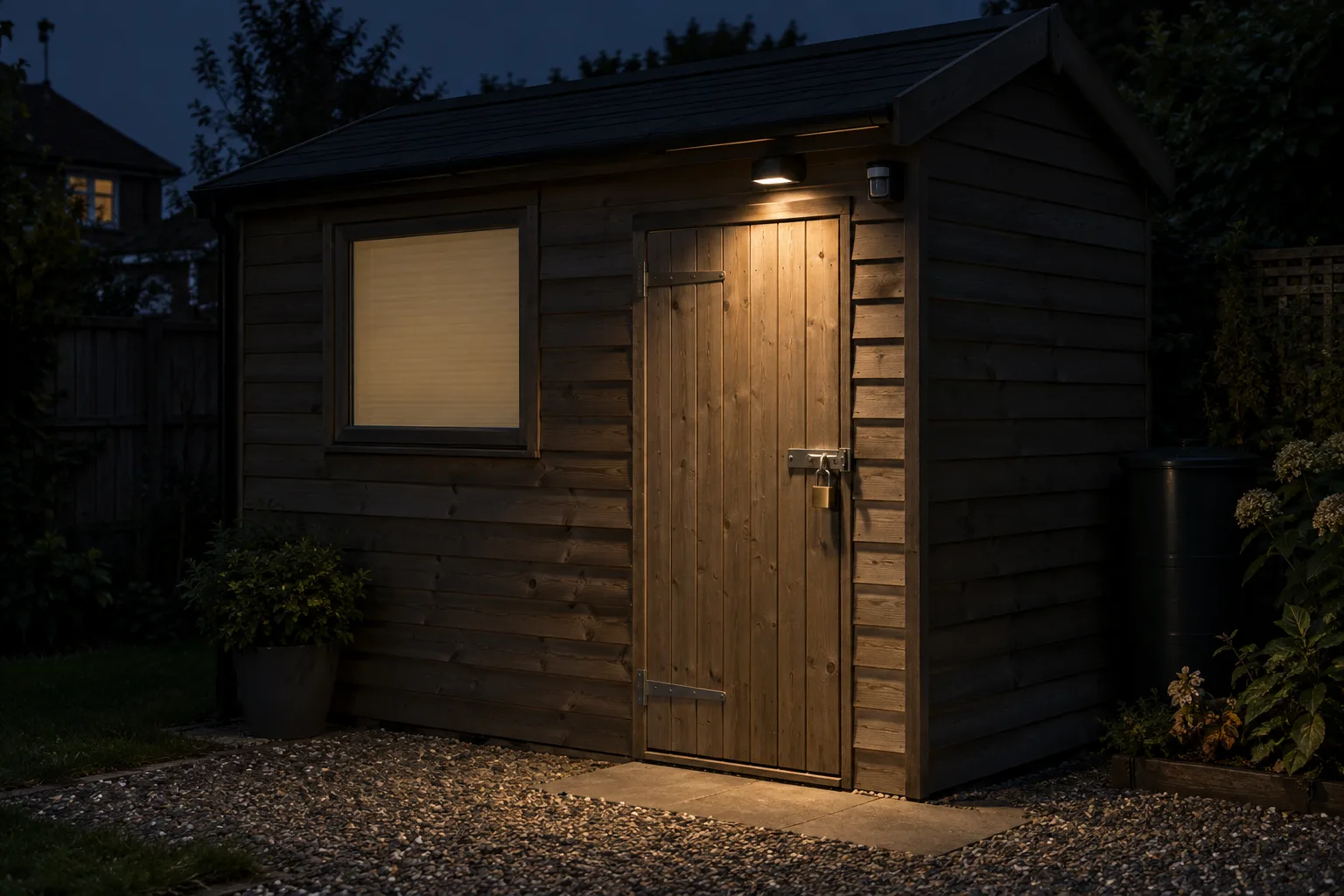 Closed shed door with padlock, entrance light and an opaque blind over the window