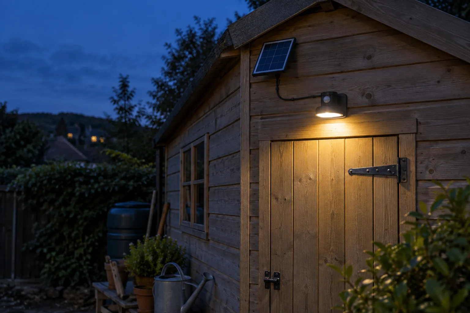 Separate solar panel connected to a downward-facing shed door light with a motion sensor