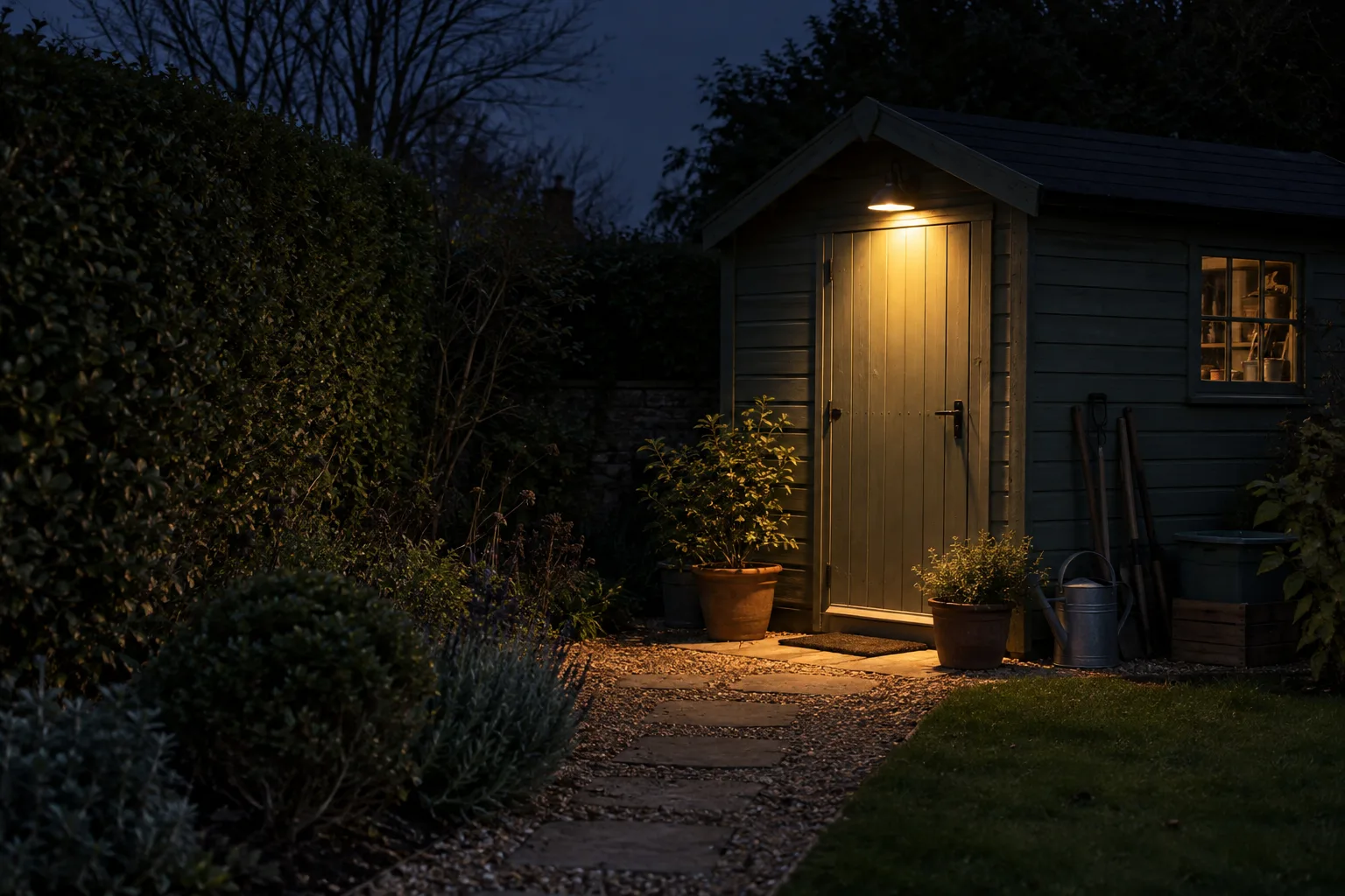 Small pool of light at a shed doorway with most of the nearby hedge and trees in darkness