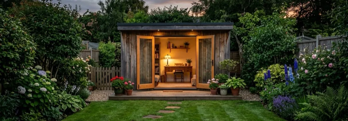 Timber garden office at dusk with large glazed doors and a warmly lit desk visible inside