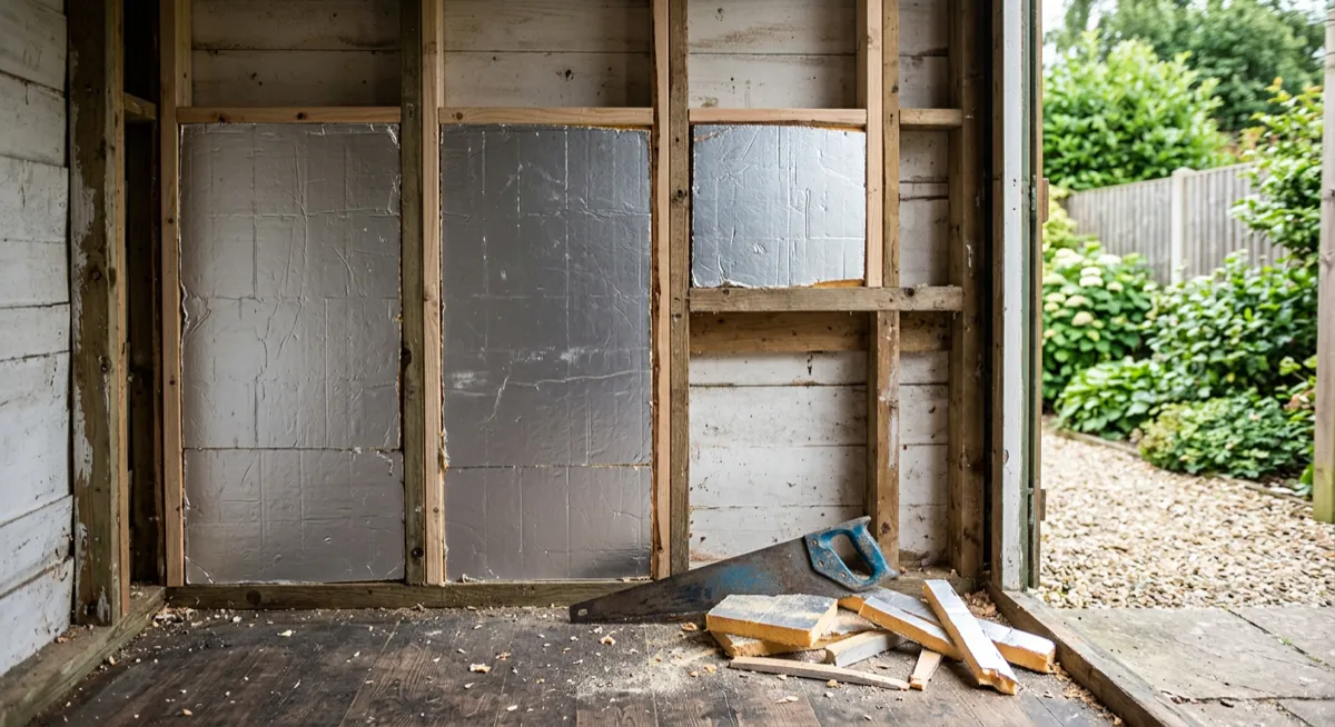 Rigid foil-faced PIR insulation boards fitted between the timber studs of a shed wall