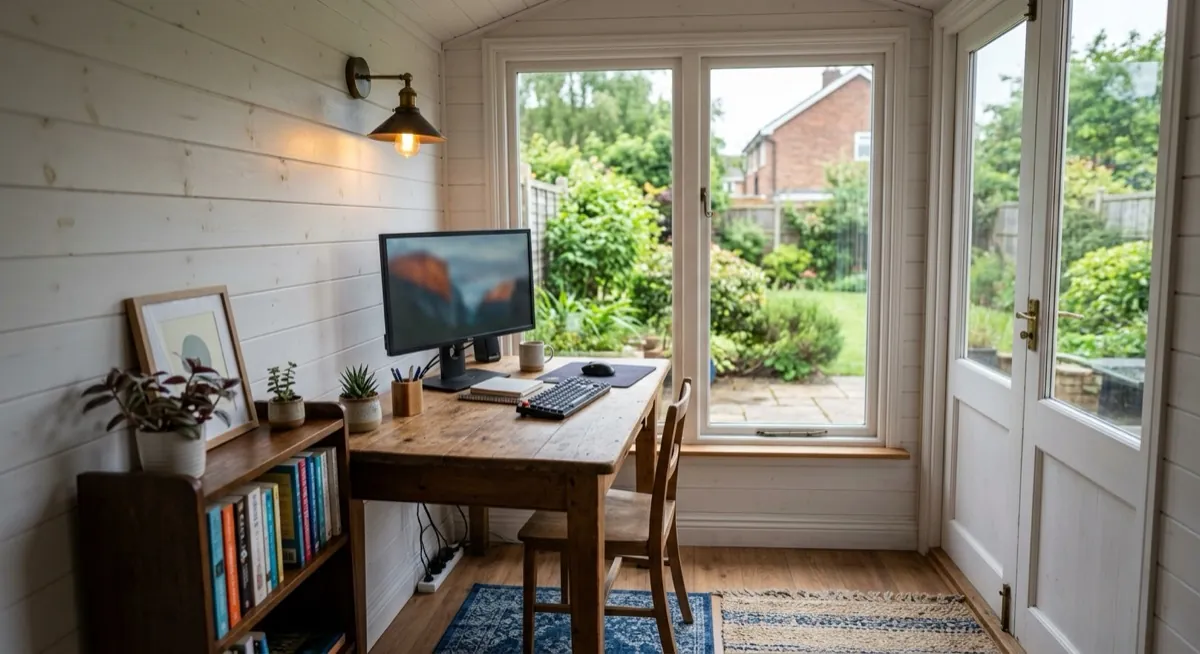 Finished shed office interior with painted lined walls, desk, monitor and shelving