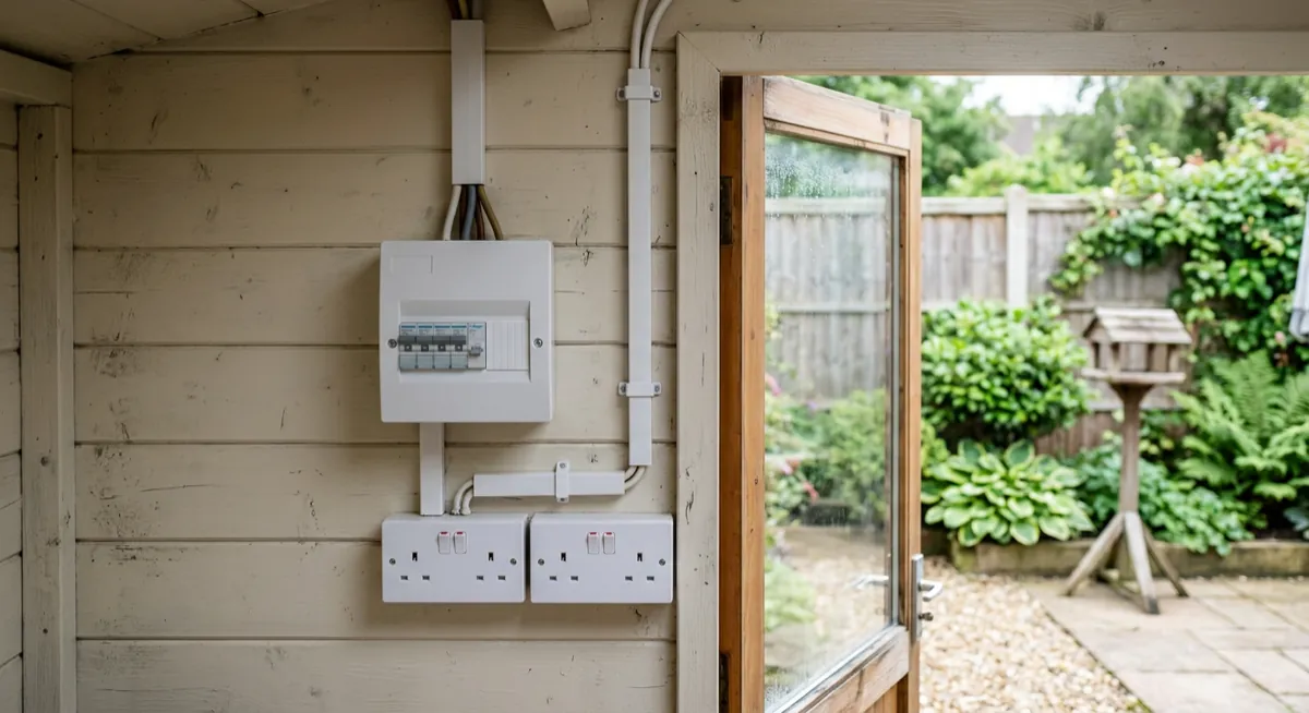 Small consumer unit and white double sockets neatly installed on a lined garden office wall