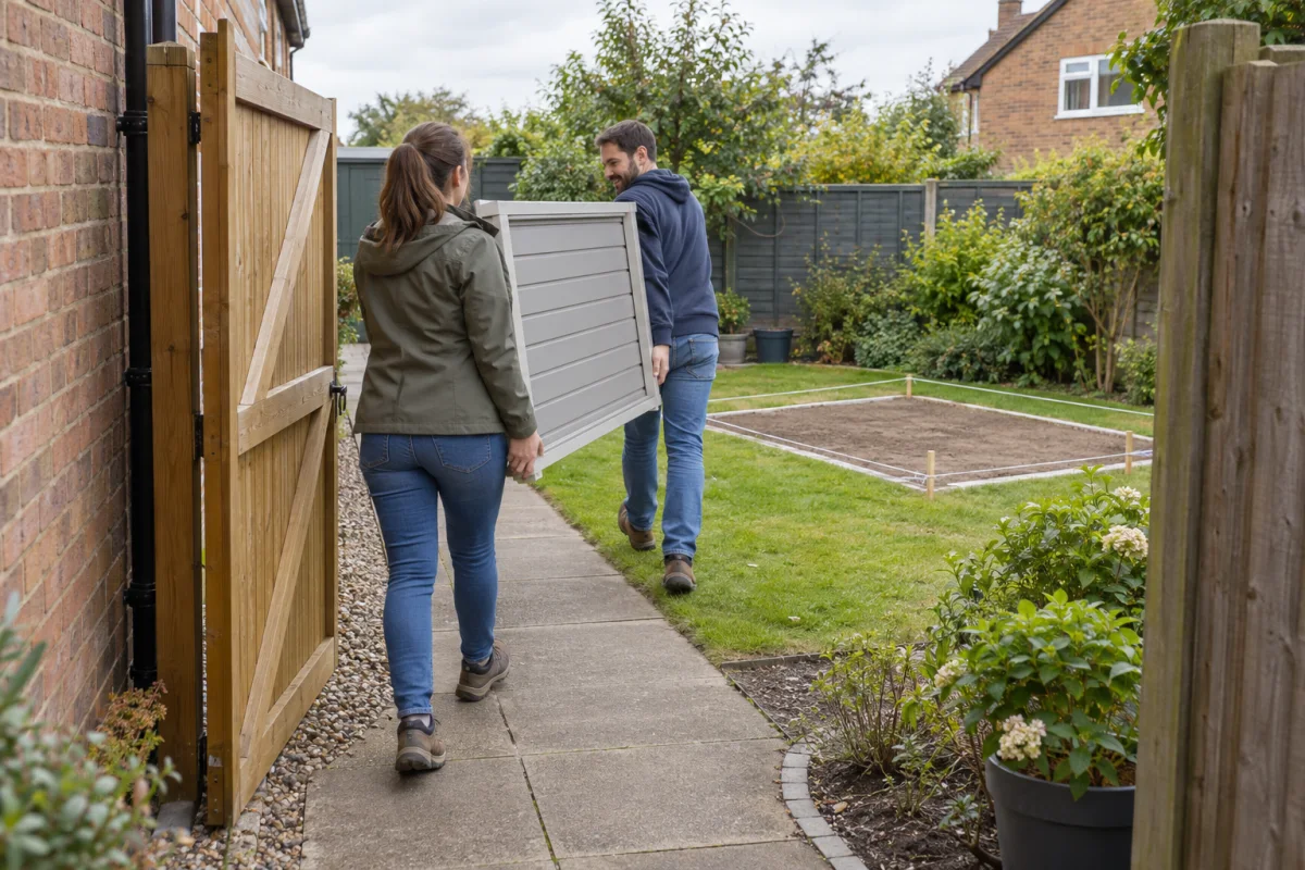 Two adults carrying a lightweight shed wall panel through a side gate along a firm path to a marked base
