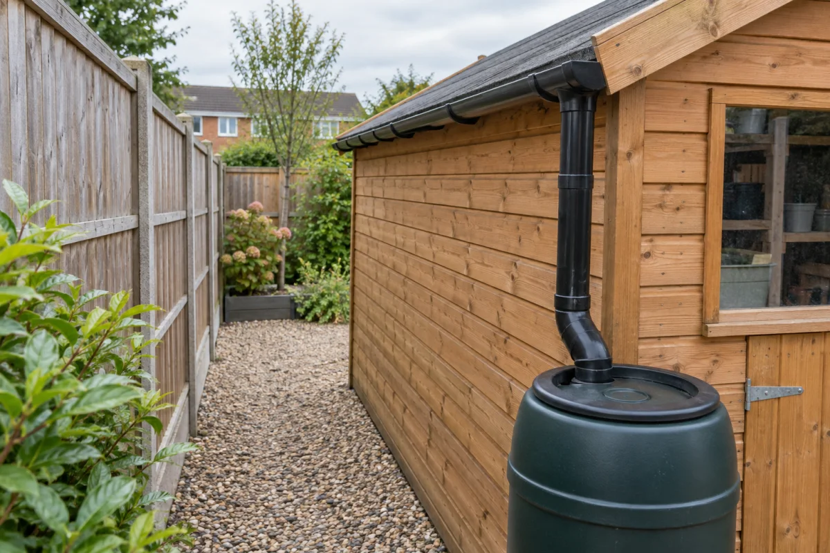 Accessible gravel maintenance gap between a timber shed and boundary fence with gutter leading to a water butt