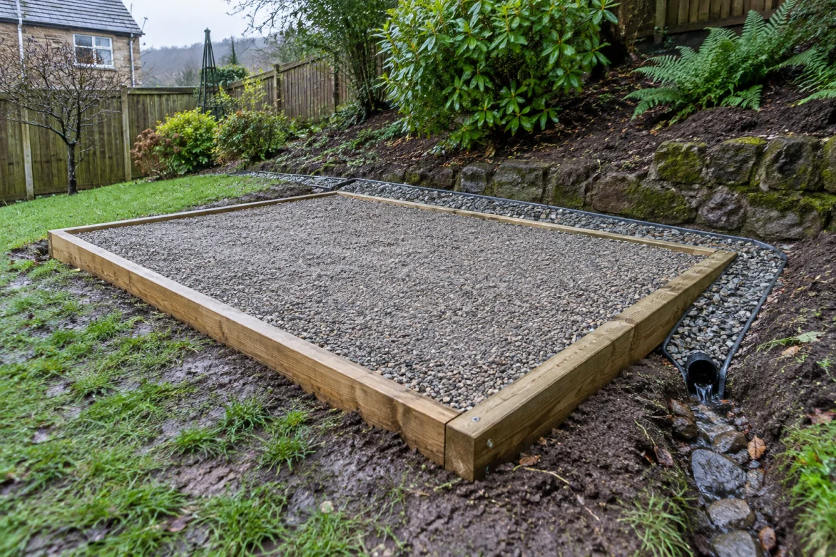 Level compacted gravel shed pad on a sloping garden with drainage intercepting water on the uphill side