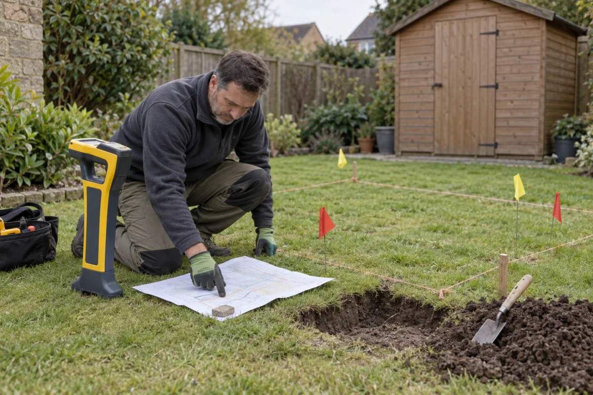 Homeowner using plans and a cable locator to mark services before hand digging a shallow trial hole for a shed site