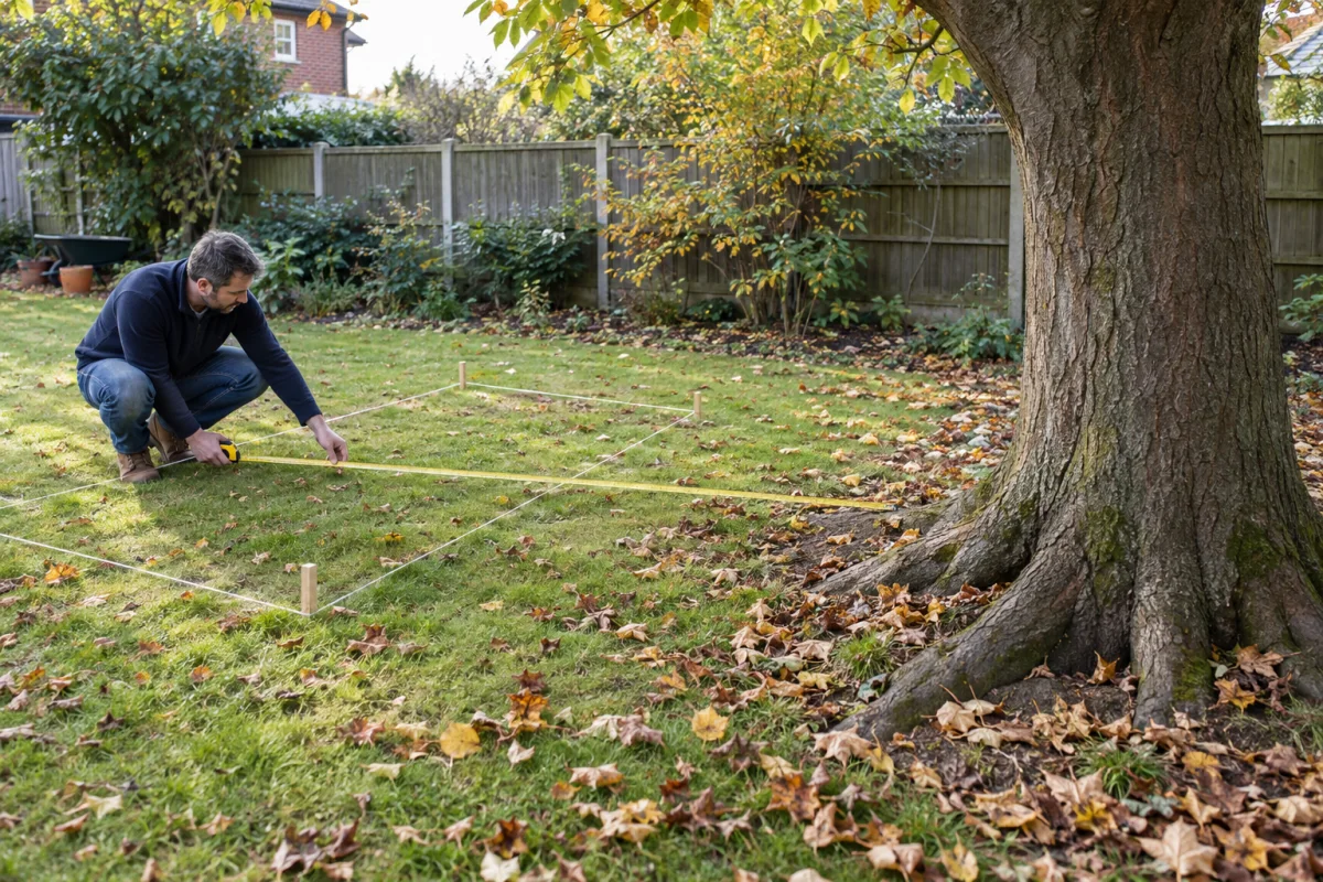 Homeowner measuring a proposed shed footprint set away from the trunk flare and major roots of a mature garden tree