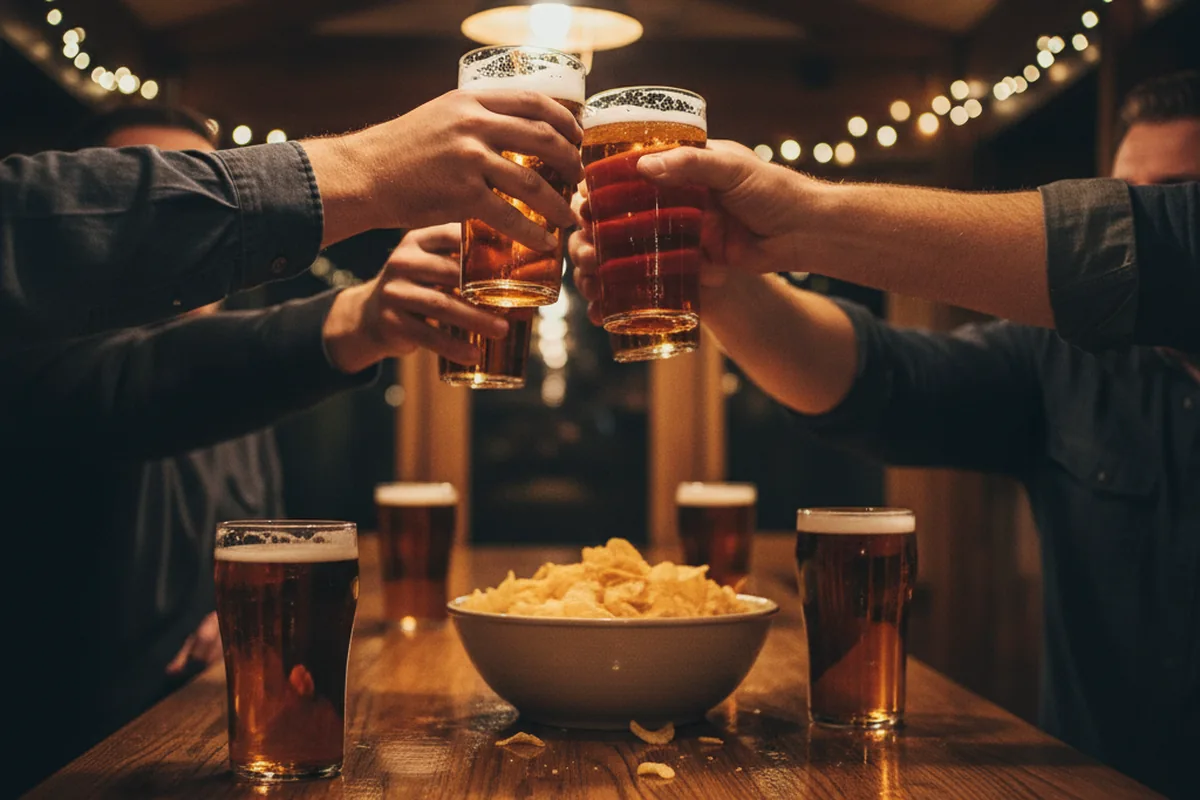 Hands raising and clinking pints in a toast over a garden pub shed bar