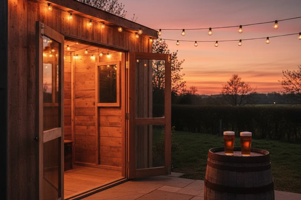 A garden pub shed lit with festoon lights at dusk with barrel tables outside