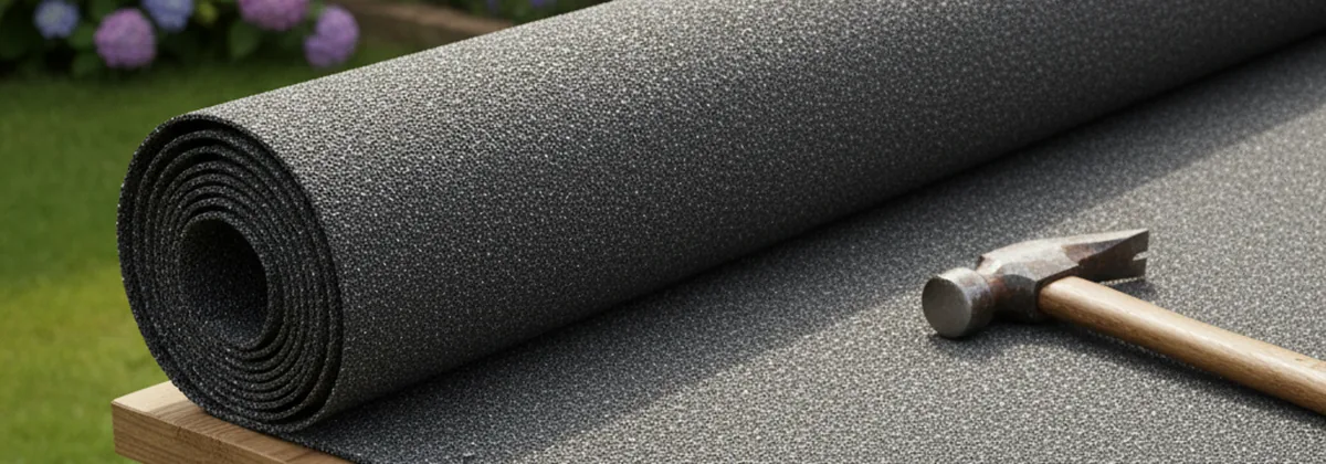 A roofer dressing green mineral roofing felt over the apex ridge of a timber garden shed