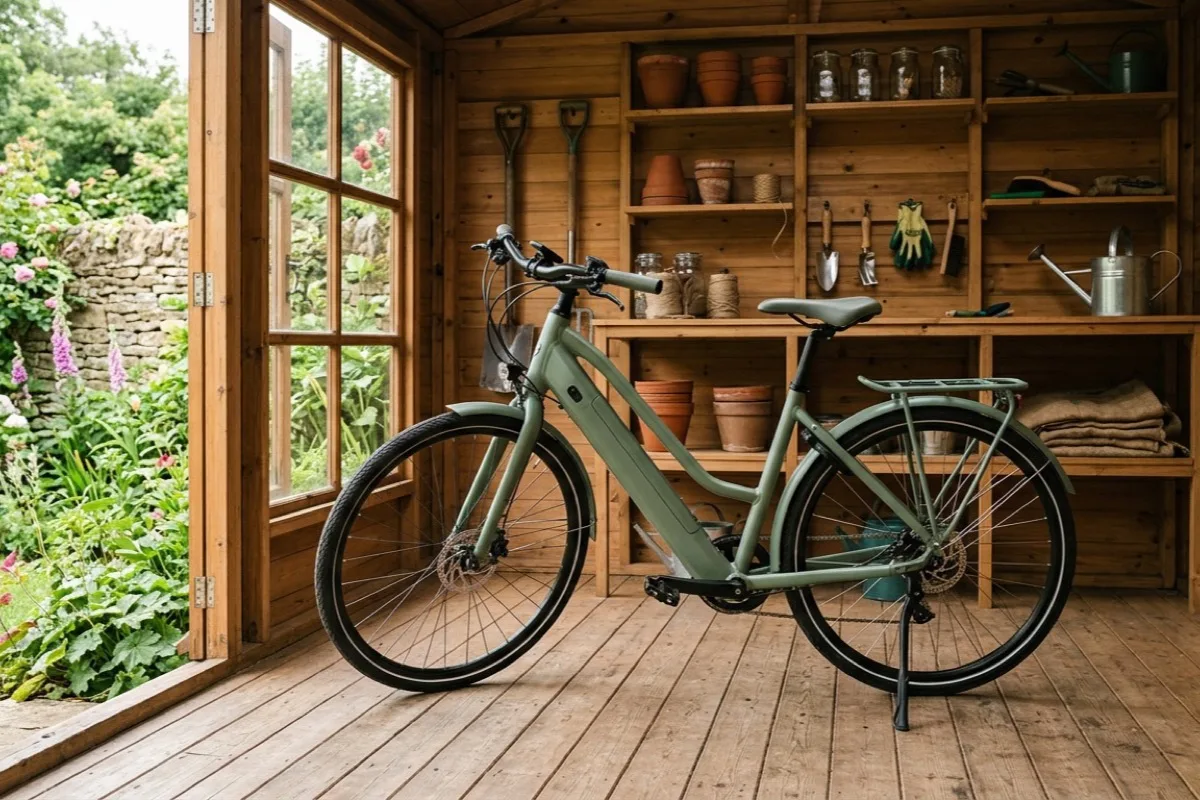 An e-bike standing in a tidy shed with a clear space around it and nothing combustible nearby