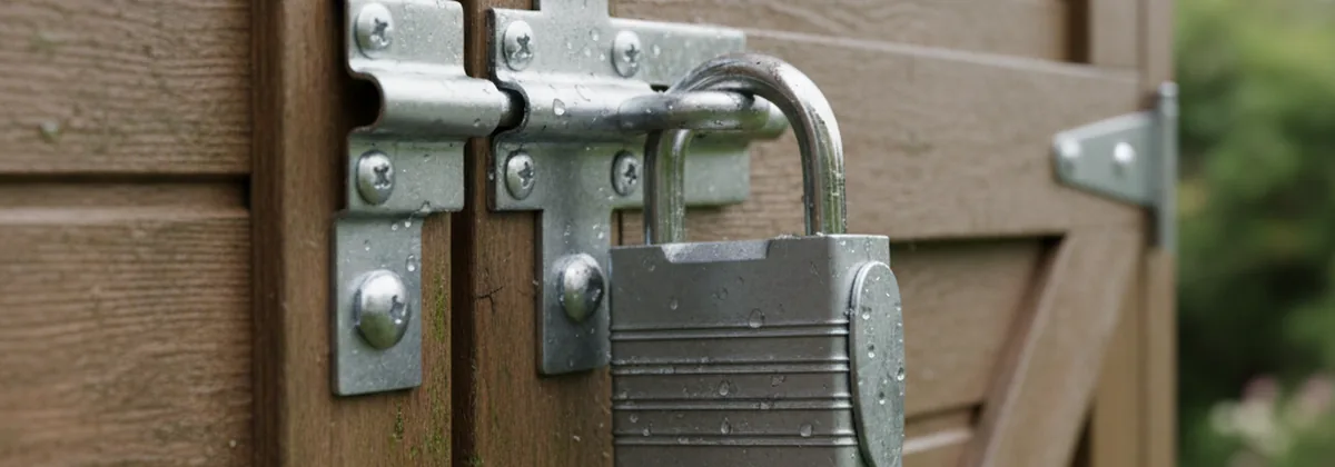 Garden shed door fitted with a heavy hasp and staple and a closed-shackle padlock for security