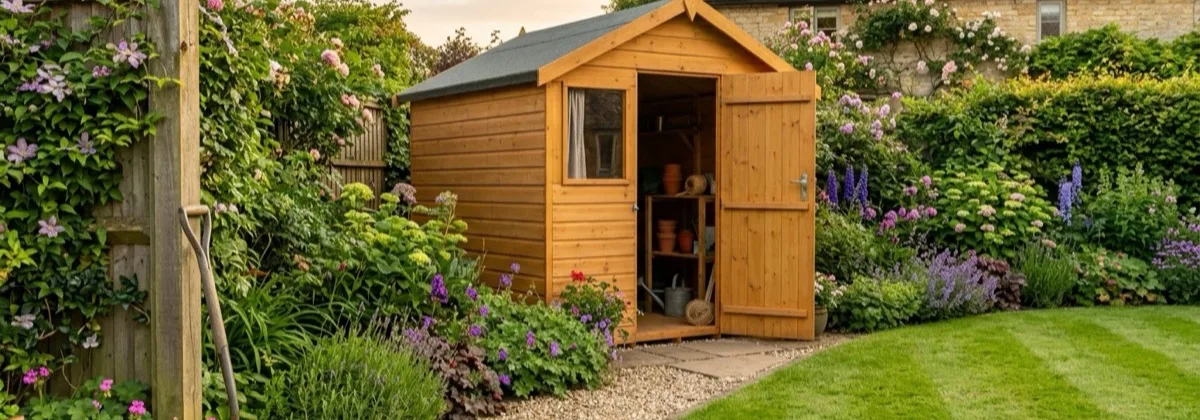 A well-kept timber apex shed in warm evening light with its door open, cleaned and ready to be photographed for sale