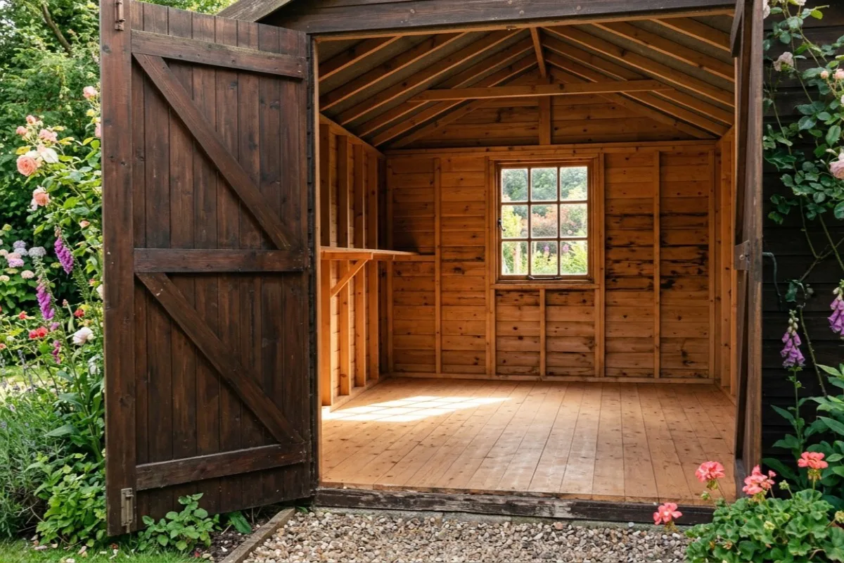 The swept, empty interior of a timber shed with sunlight falling across the bare floorboards
