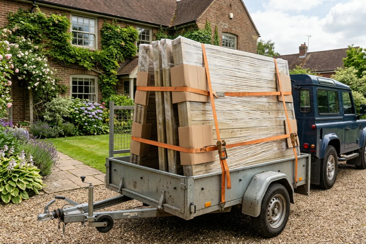 Flat shed panels wrapped and strapped upright in an open trailer ready for transport