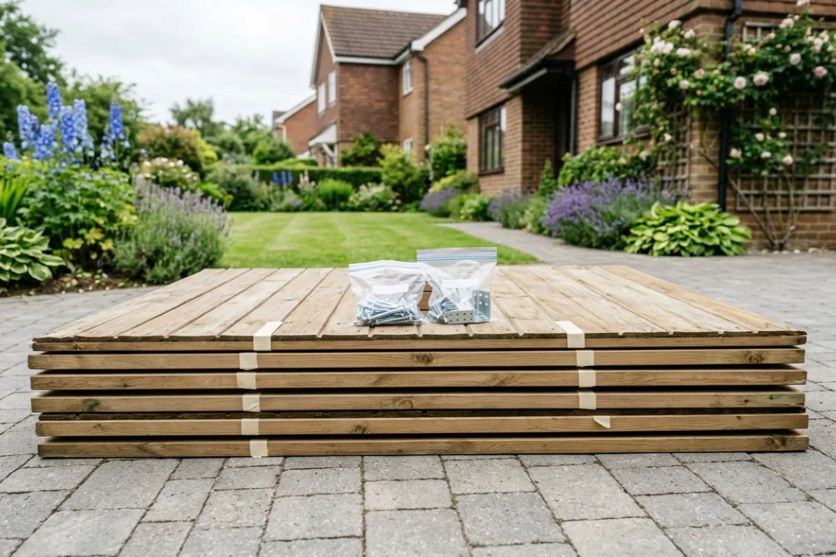 Dismantled shed wall panels stacked neatly flat on a driveway with fixings bagged on top