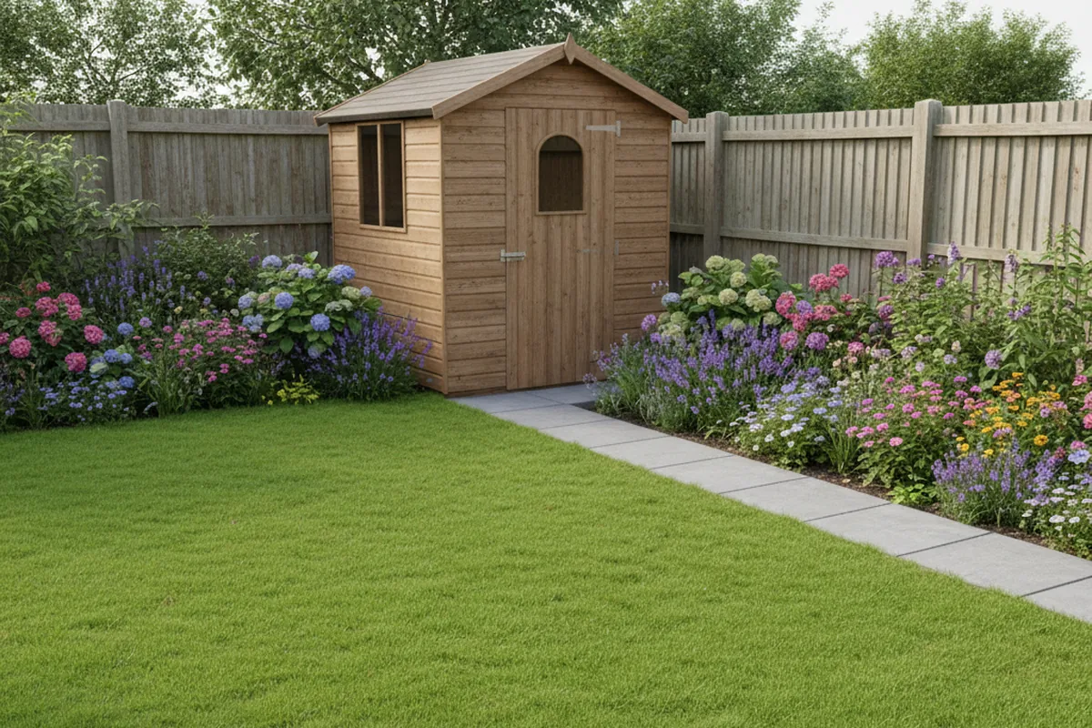 Wooden garden shed positioned in the corner of a tidy garden with a paved path and clear space around it