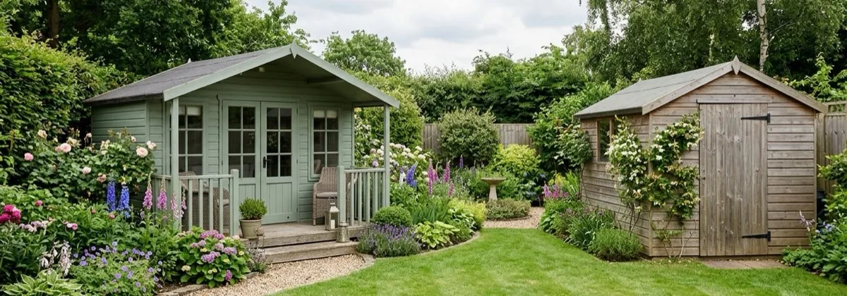 A glazed sage green summerhouse and a plain timber storage shed at opposite ends of a garden lawn