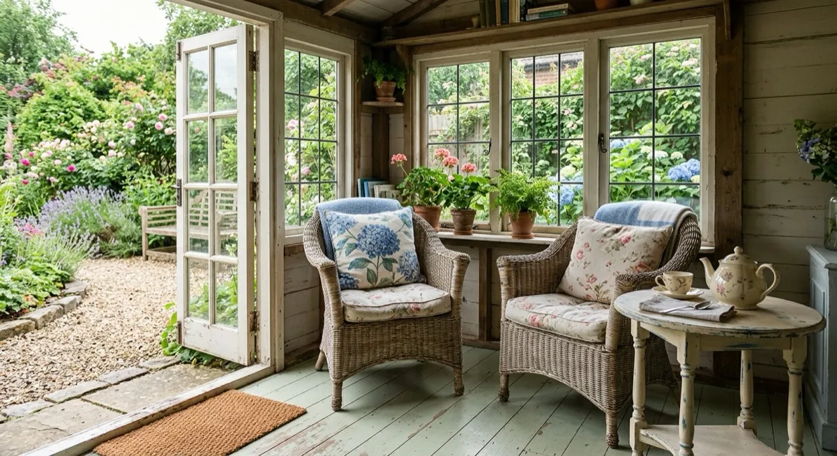 Bright summerhouse interior with wicker chairs, cushions and sunlight through glazed doors