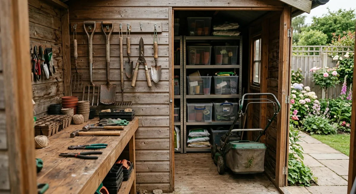 Inside a practical timber shed with tools on wall hooks, shelving and a workbench