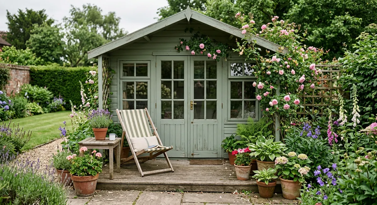 Sage green summerhouse with fully glazed double doors, deckchair and potted plants outside