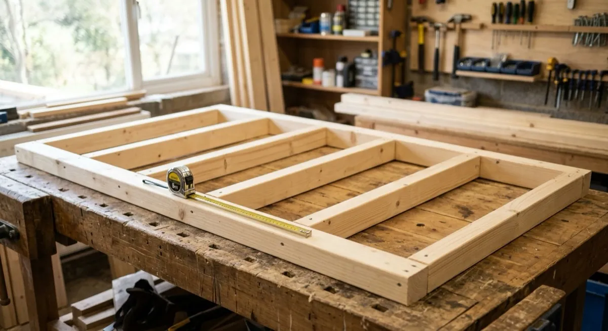 A timber shed wall frame with studs at regular spacing between top and bottom plates