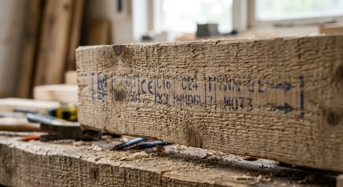 Close-up of a structural timber grade stamp printed on softwood