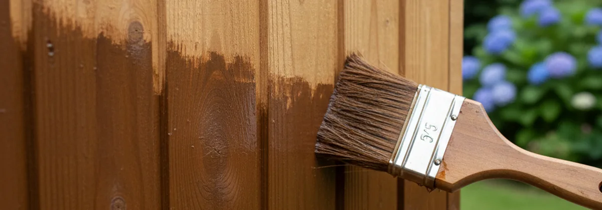 Joiner brushing wood preservative onto the timber cladding of a garden shed