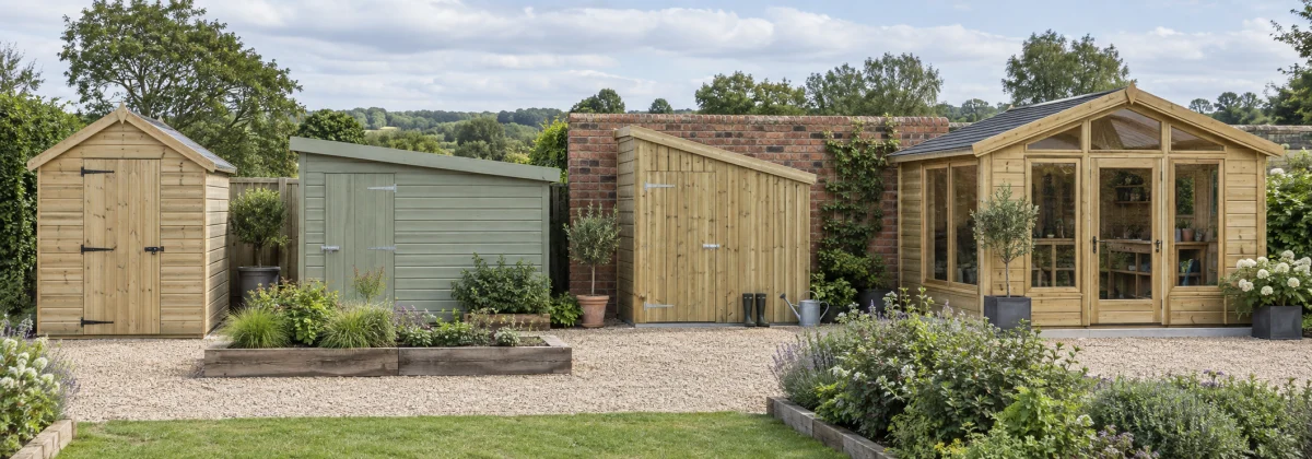 Line-up of apex, pent, lean-to and workshop-style timber garden buildings
