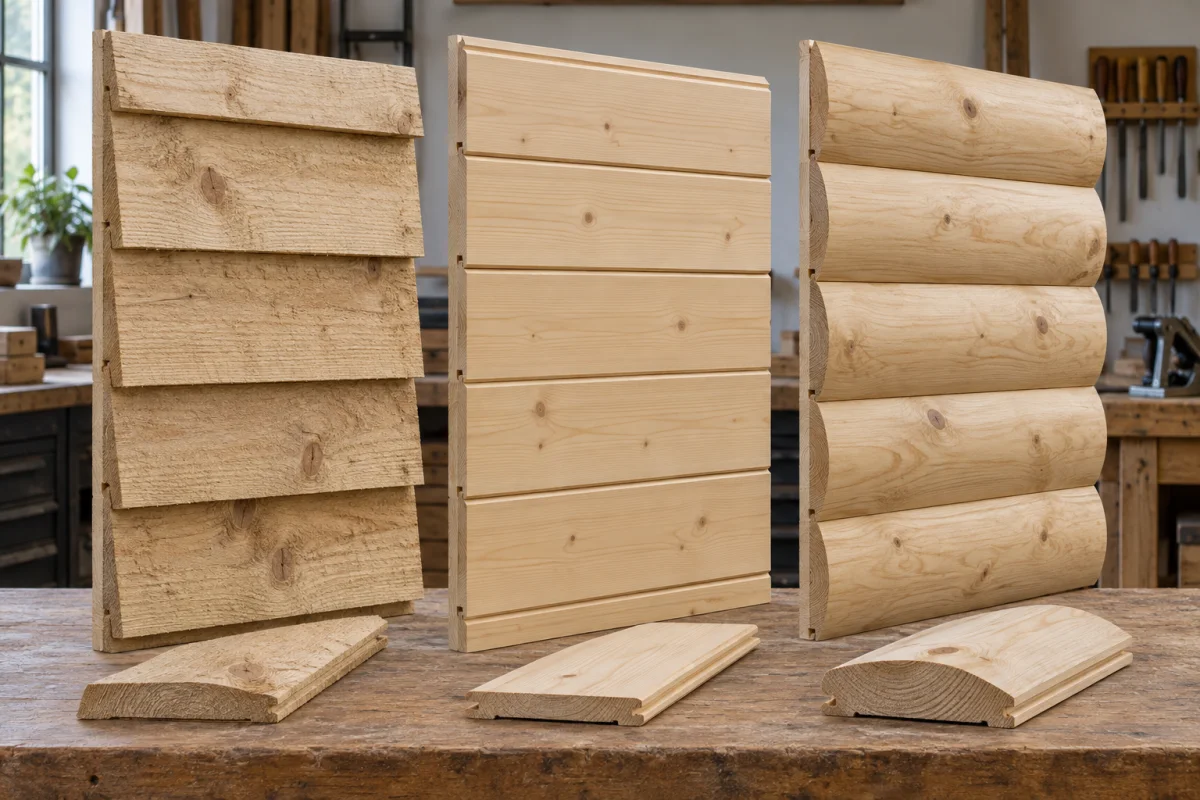 Three timber cladding samples showing rough overlap, smooth shiplap and rounded loglap boards