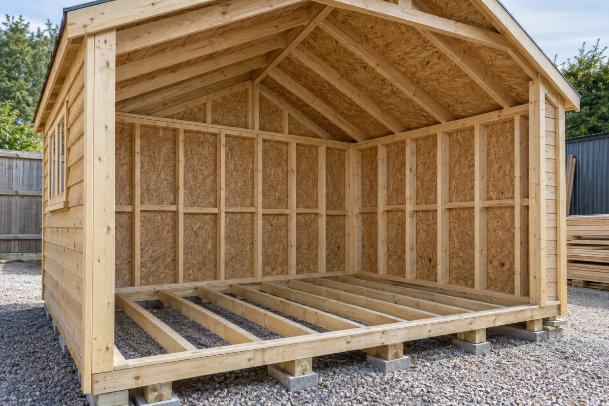 Open timber shed frame showing bearers, joists, studs, plates, noggins, rafters and roof deck