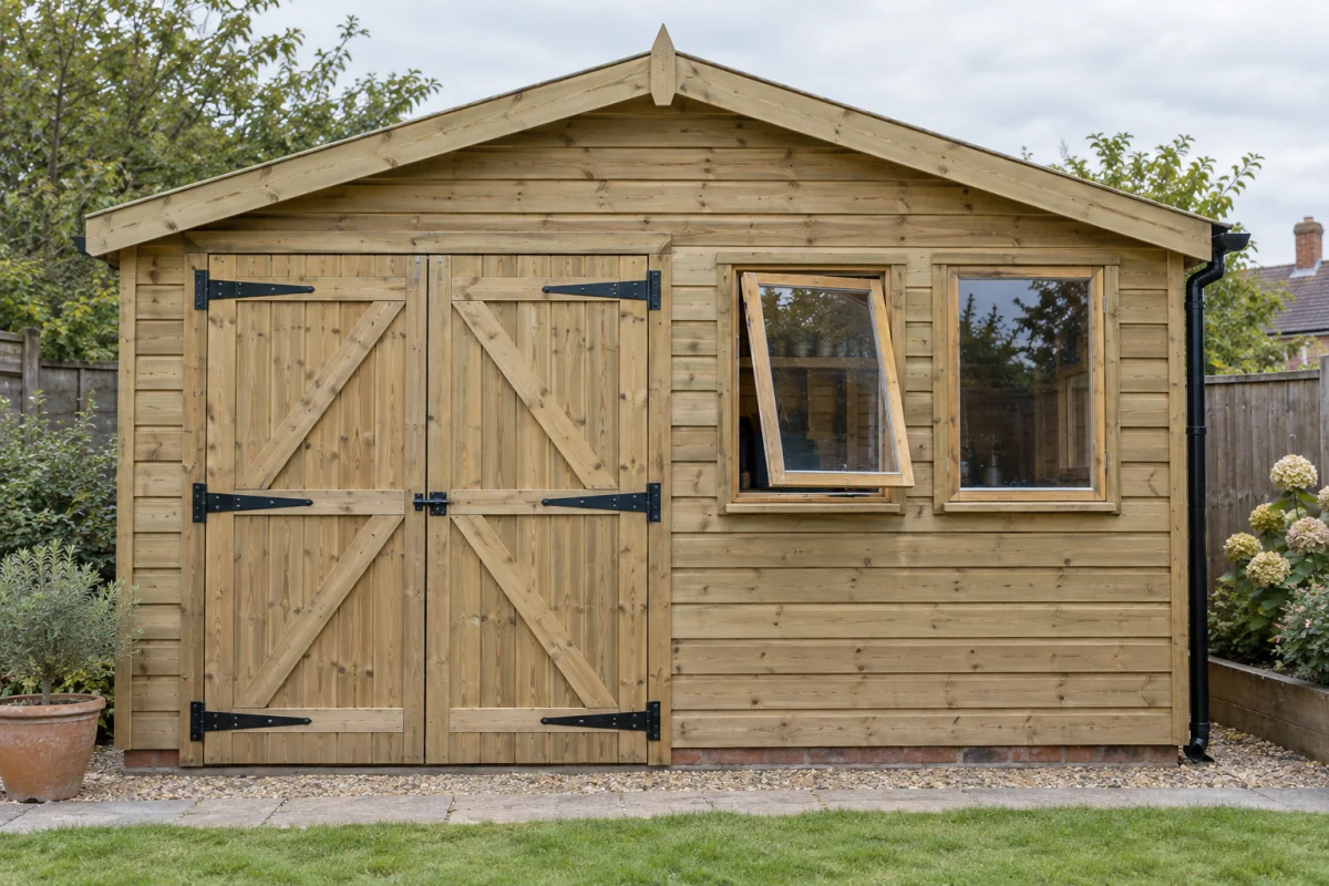 Timber workshop with ledged and braced double doors, tee hinges, opening window, fixed window, fascia and gutter