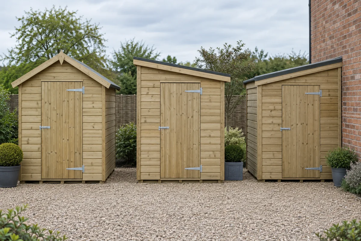 Three timber sheds showing apex, pent and lean-to roof forms