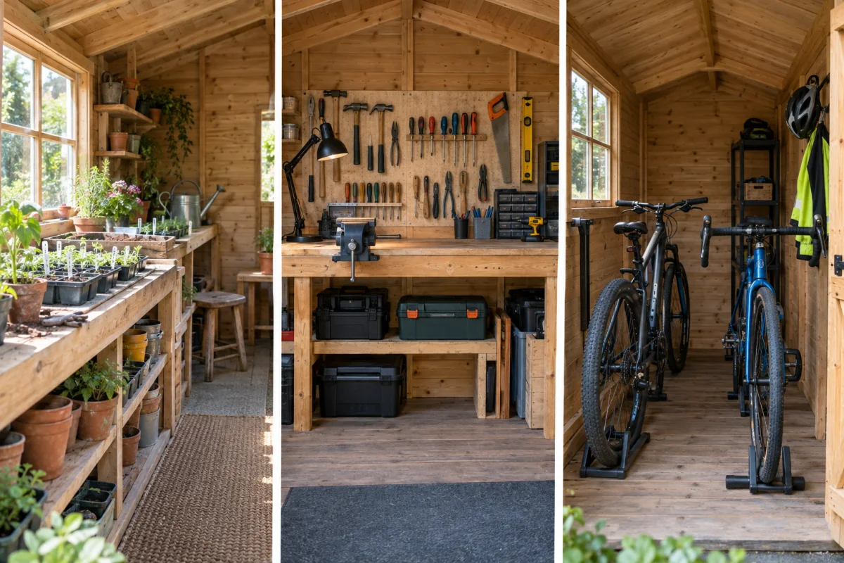 Three shed interiors arranged as a potting shed, timber workshop and secure cycle store