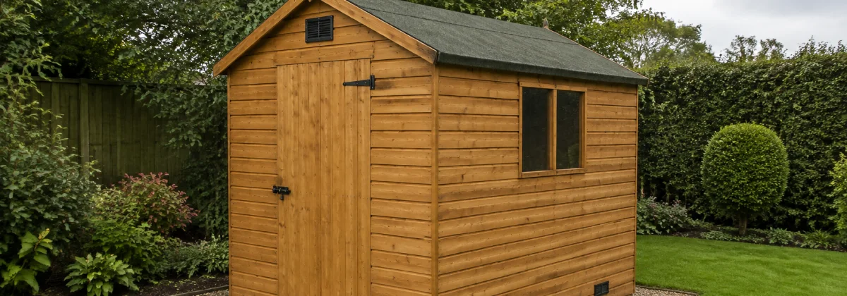 Timber garden shed with louvred wall vents and a clear gravel perimeter