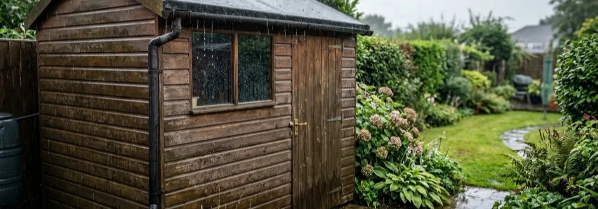 Well-maintained timber shed in steady rain with water running off the felt roof and treated cladding