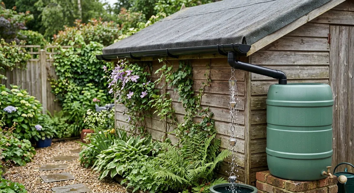 Shed guttering feeding a downpipe into a water butt at the corner of the building