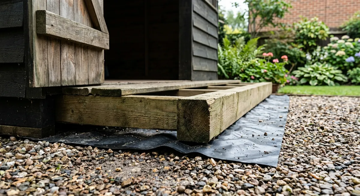 Raised shed floor edge showing treated bearers on a damp-proof membrane with an airflow gap