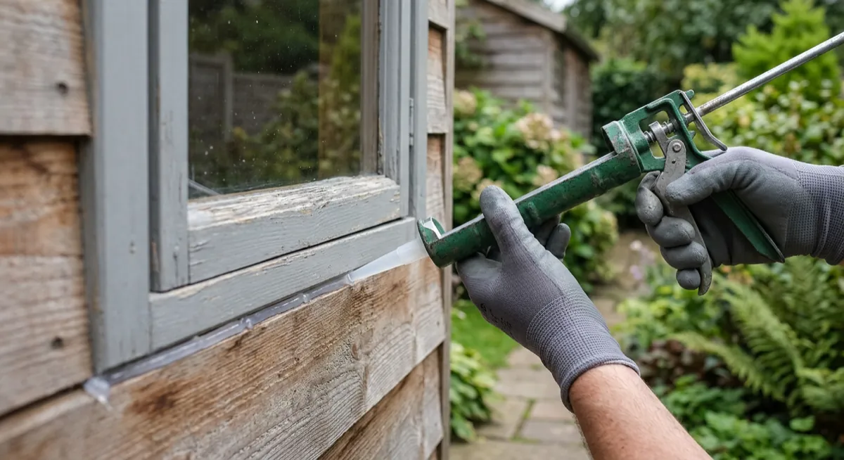Gloved hand applying exterior sealant along the joint between a shed window frame and cladding