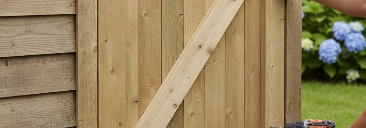 Ledged and braced timber shed door hung on galvanised T-hinges beside a fixed shed window