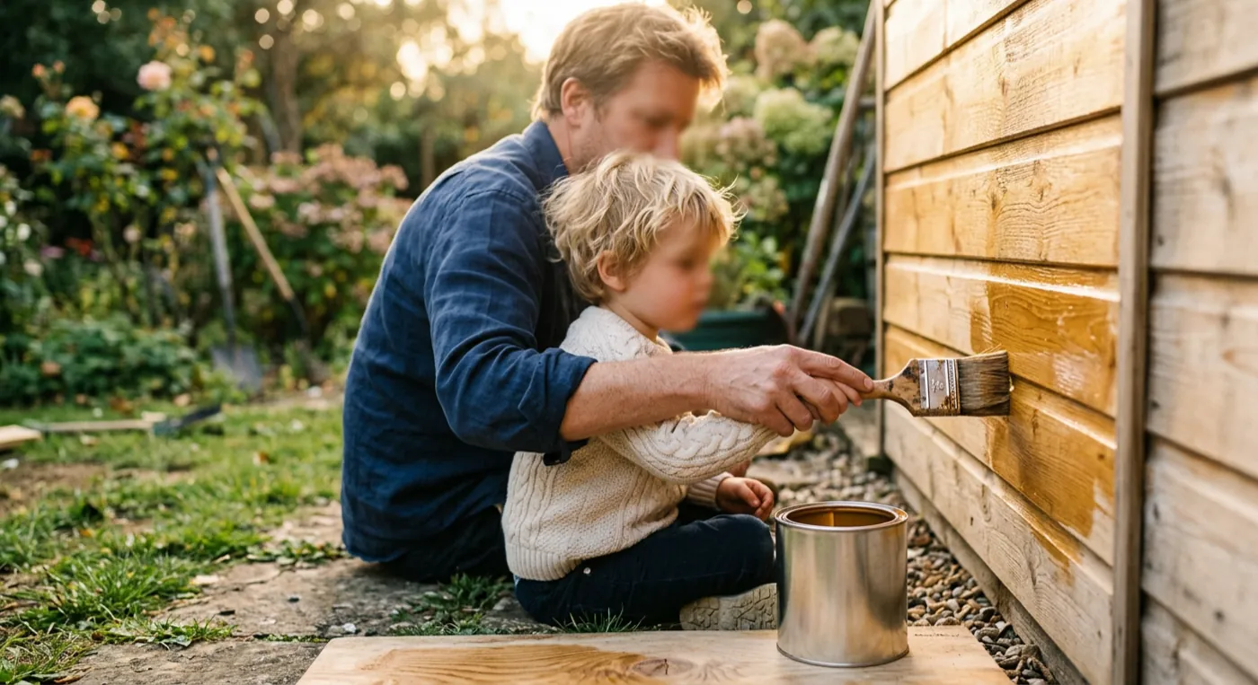 Parent and child staining the cladding of a timber garden shed together at golden hour
