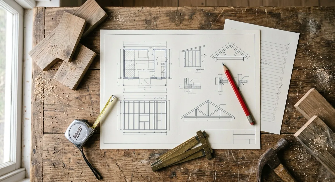Printed shed plans, cutting list and carpenter's tools laid out on a workbench