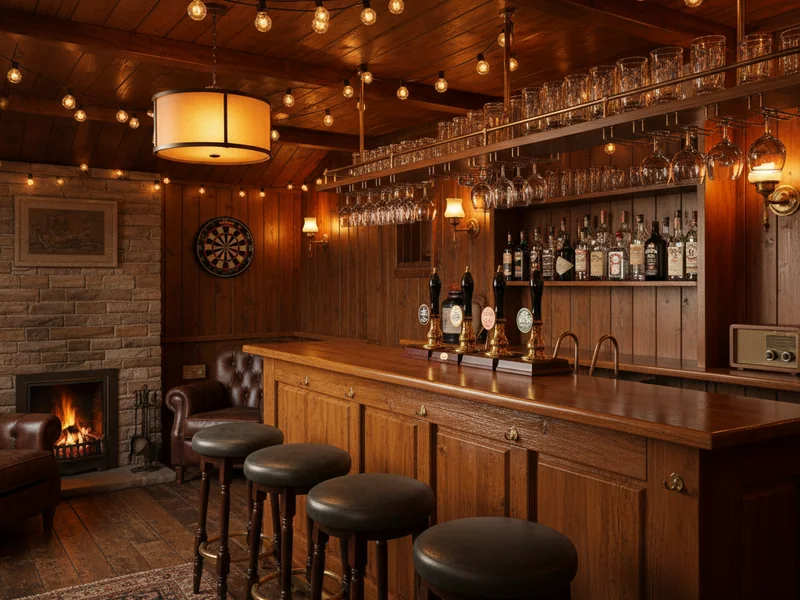Inside a home pub shed with a timber bar, stools, optics and beer pumps