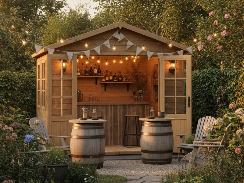 A timber garden pub shed at golden hour with festoon lights and barrel tables
