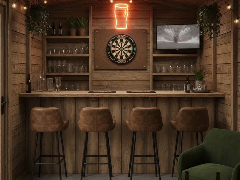 A cosy pub shed interior with a dartboard, bar stools and warm lighting