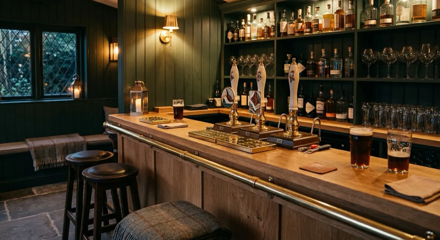 Modern craft taproom style shed bar with oak counter, pump handles and back bar shelving