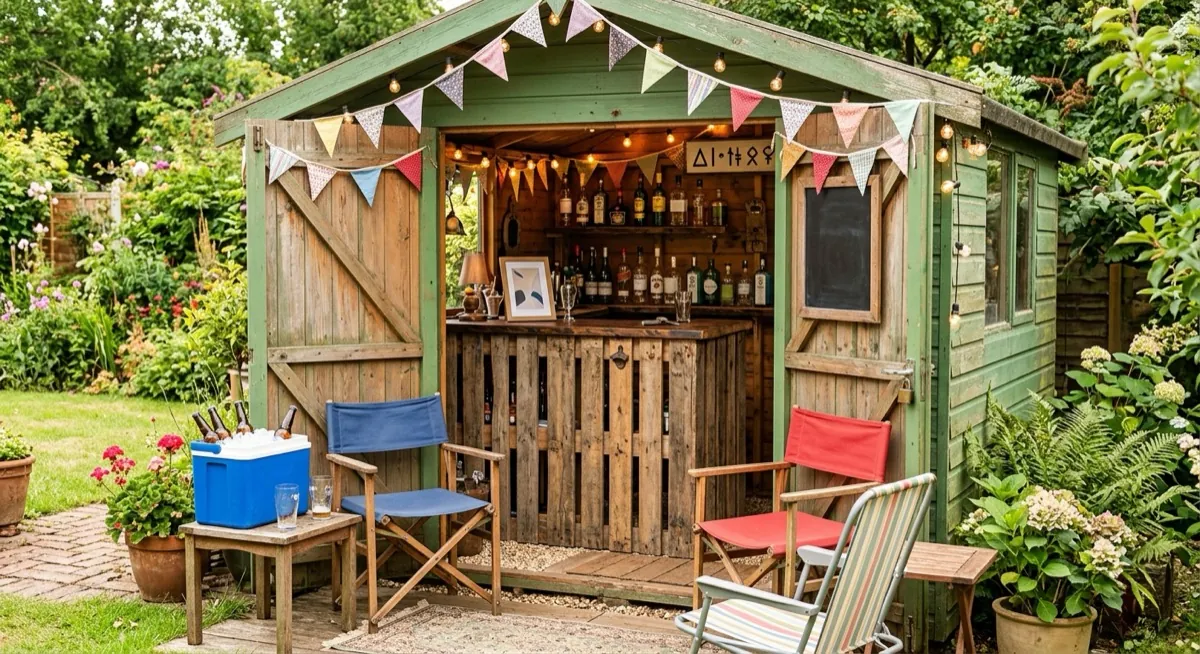Budget pub shed with pallet bar, bunting, fairy lights and camping chairs