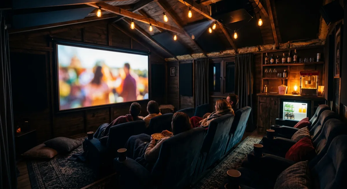 Cinema snug shed interior with projector screen, comfy seats and a small bar at the back