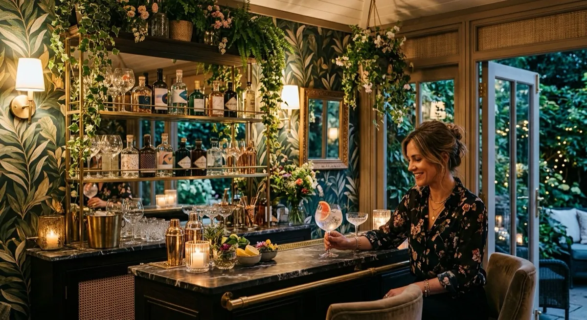 Elegant gin palace garden bar with botanical wallpaper, mirrored back bar and balloon glasses